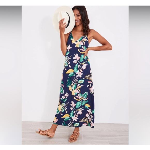 EUC Old Navy Viscose Navy Blue Botanical TROPICAL V-Neck Maxi Shift Dress Large - Picture 1 of 12